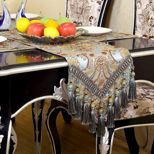 OZXCHIXU European Jacquard Fabric Multi-Tassels Table Runner (14x120 inch, Blue)