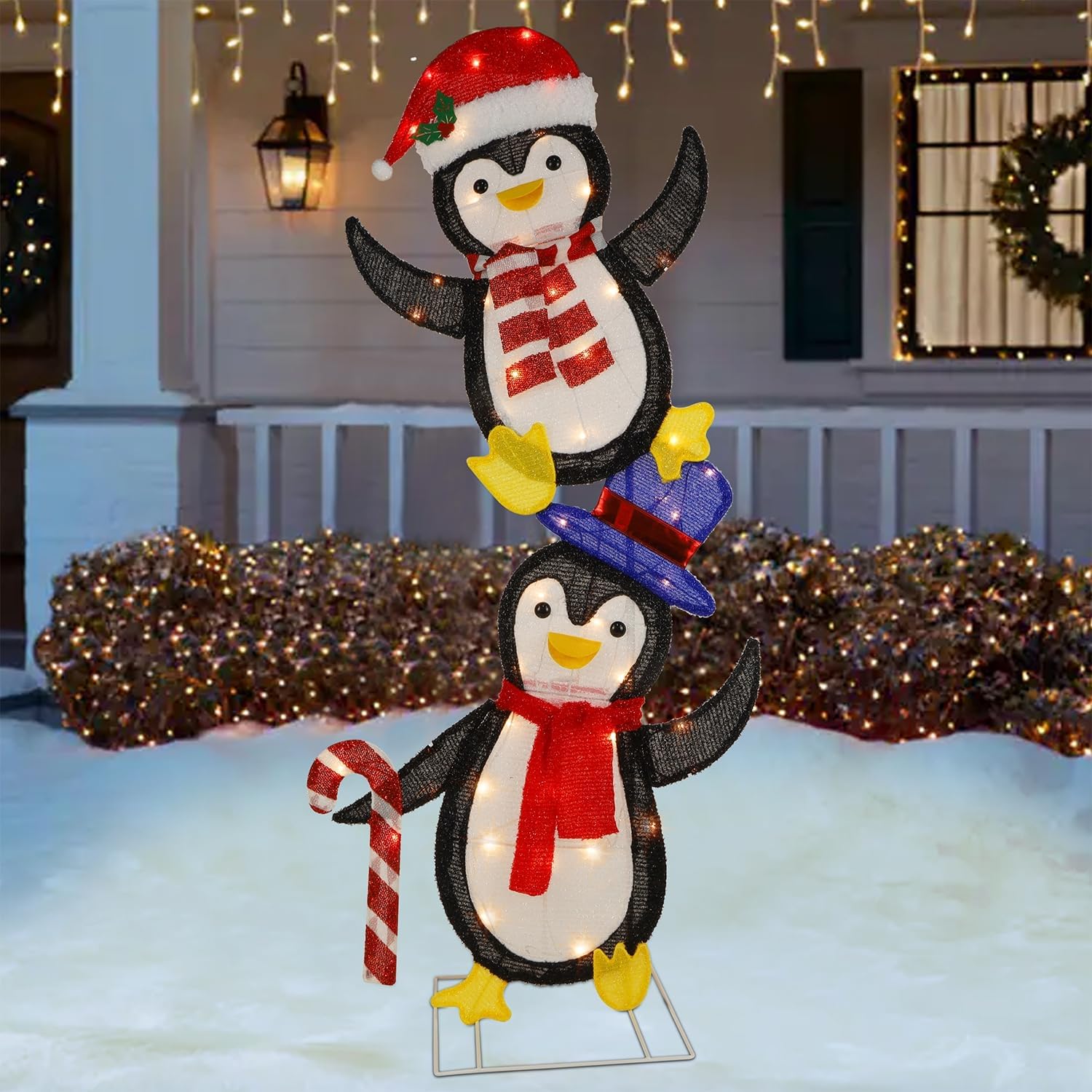 WATERGLIDE Lighted Christmas Tinsel Penguins - Pre-Lit 2D Stacked Design for Indoor/Outdoor Holiday Decor