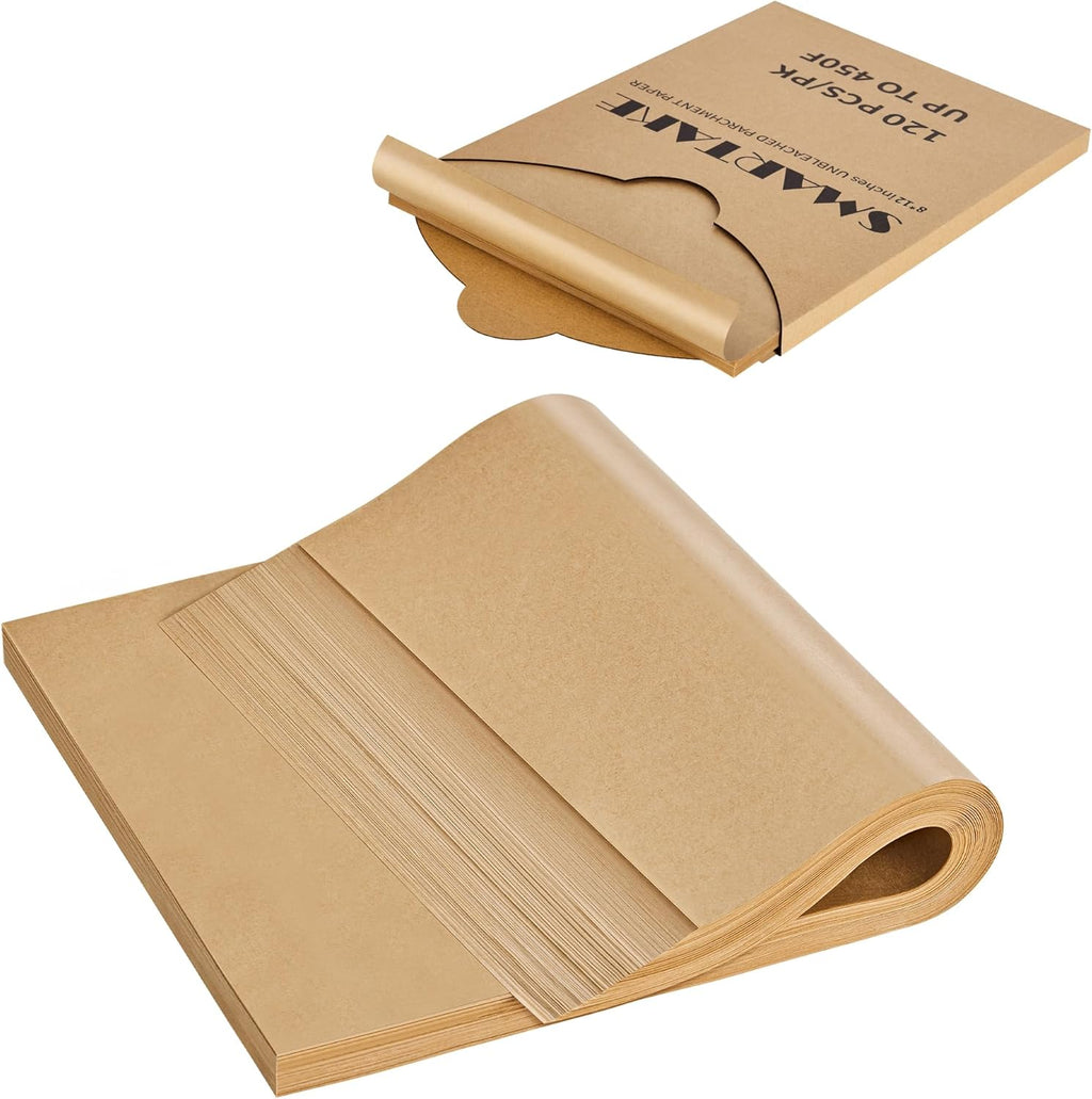 SMARTAKE Parchment Paper Sheets - 120 Pre-Cut, Non-Stick 8x12 Inch Baking Paper | Unbleached Natural Wood Pulp