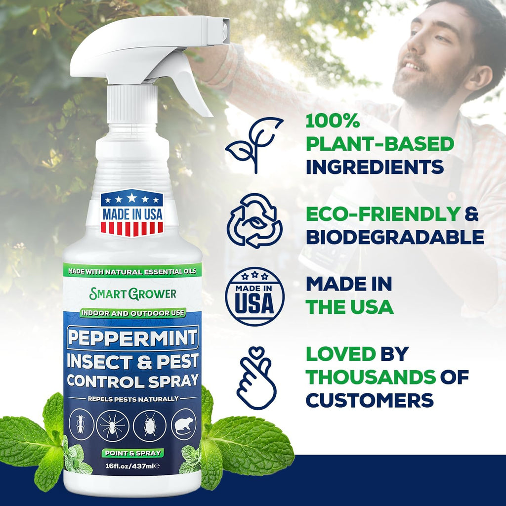 Smart Grower Peppermint Oil Insect & Pest Control Spray - Maximum Strength 16 FL OZ | Repels Mice, Spiders, Ants