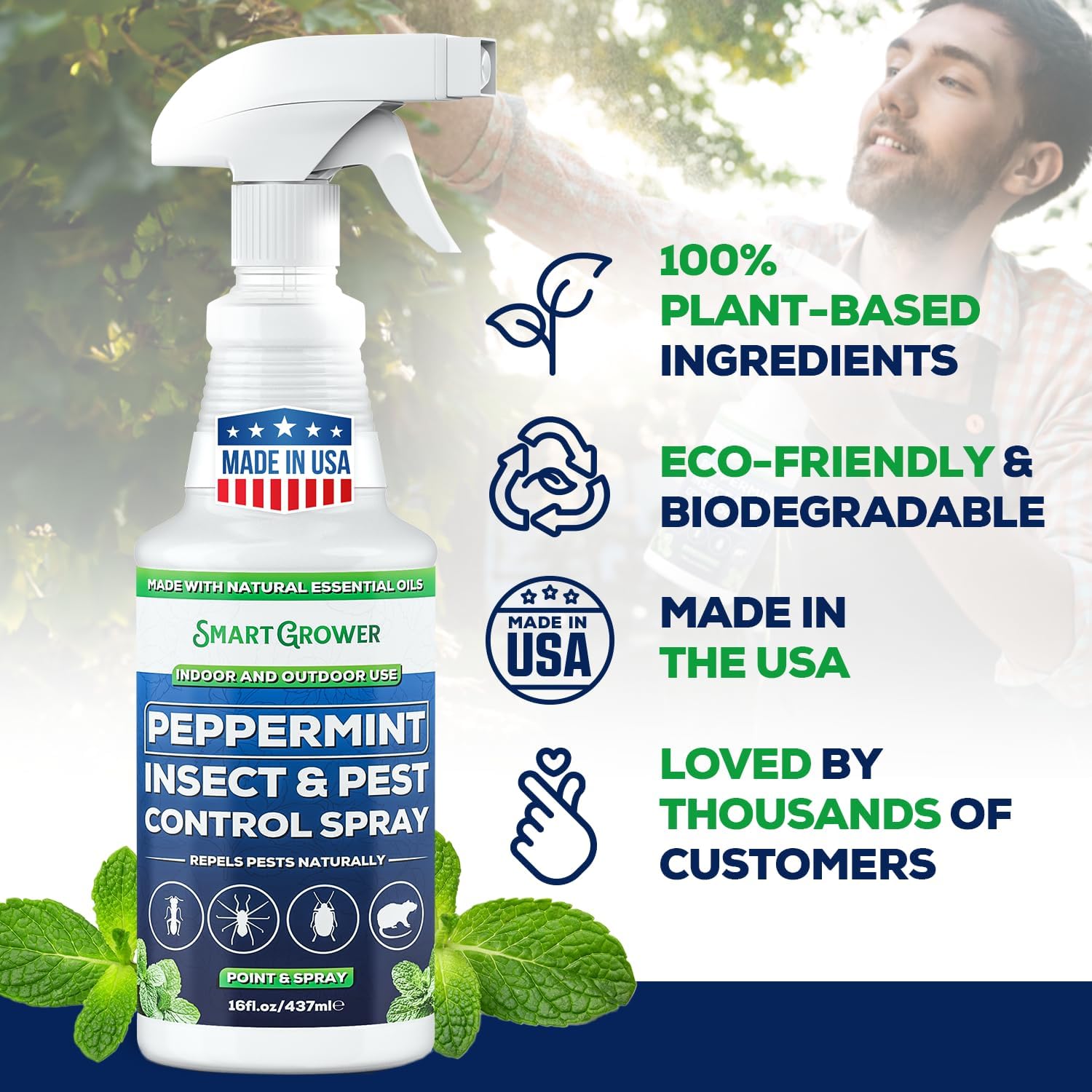 Smart Grower Peppermint Oil Insect & Pest Control Spray - Maximum Strength 16 FL OZ | Repels Mice, Spiders, Ants