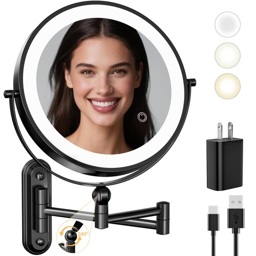 9" Wall Mounted LED Lighted Makeup Vanity Mirror - 4000mAh Rechargeable Double Sided 1X/30X Magnifying Mirror, 3 Color Lights Touch Dimmable, Height Adjustable Extended Arm 360° Swivel Bathroom Mirror