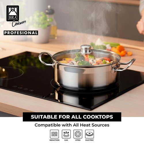 BRA COOKWARE Profesional 18/10 Stainless Steel Stock Pot w/Glass Lid | 9.5 Inch 4 Quart Professional Cooking Pot | 5.5mm Thick Base | PFOA Free Deep Pot | All Cooktops | All Cooktops & Oven Safe
