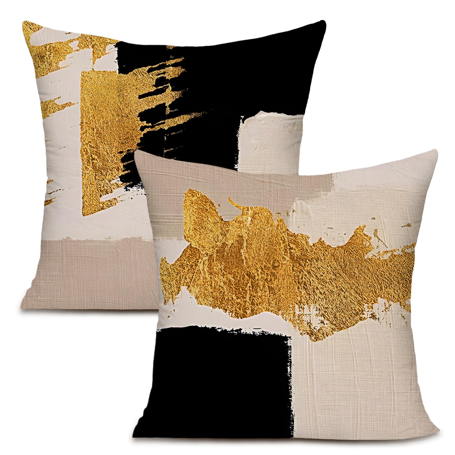 KAIOUS Black and Gold Pillow Covers, Black Gold Beige Decorative Throw Pillow Covers for Couch Sofa Bed Living Room Bedroom 18x18 Inches Set of 2