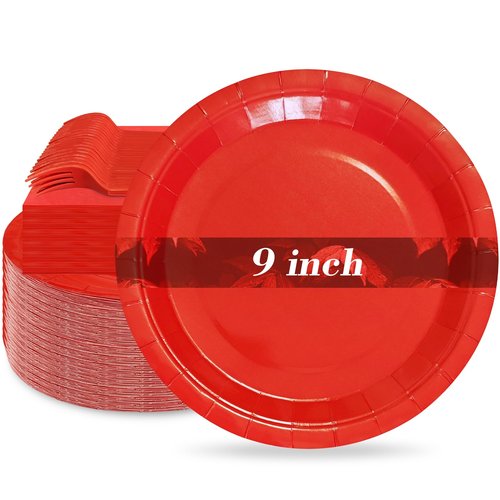 WXLDGHQ Red Paper Plates 9 Inch Set Disposable Red Birthday Dessert Dinner Plates and Napkins Party Supplies(75 PCS)