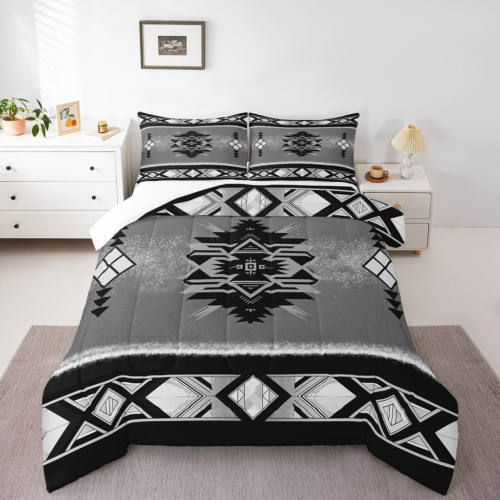 Manfei Tribal Ethnic Comforter Set Queen Size, Southwestern Native American Tribal Quilt Set with 2 Pillowcases, Abstract Geometric Bedding Set 3pcs for Kids Boys Lightweight Duvet Insert