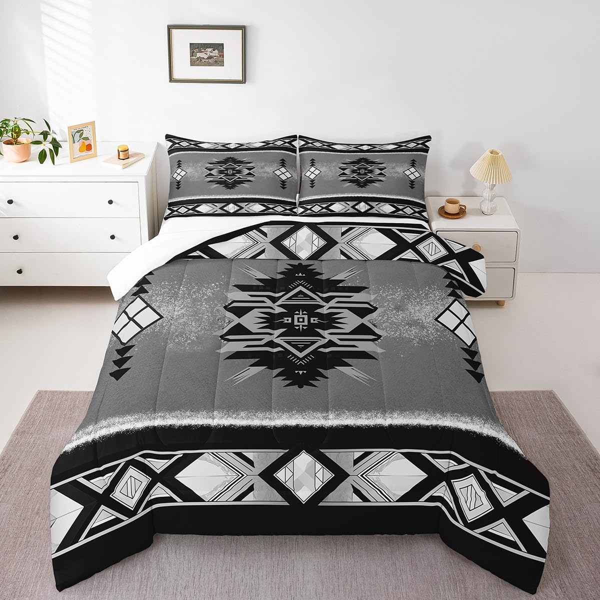 Manfei Tribal Ethnic Comforter Set Queen Size, Southwestern Native American Tribal Quilt Set with 2 Pillowcases, Abstract Geometric Bedding Set 3pcs for Kids Boys Lightweight Duvet Insert