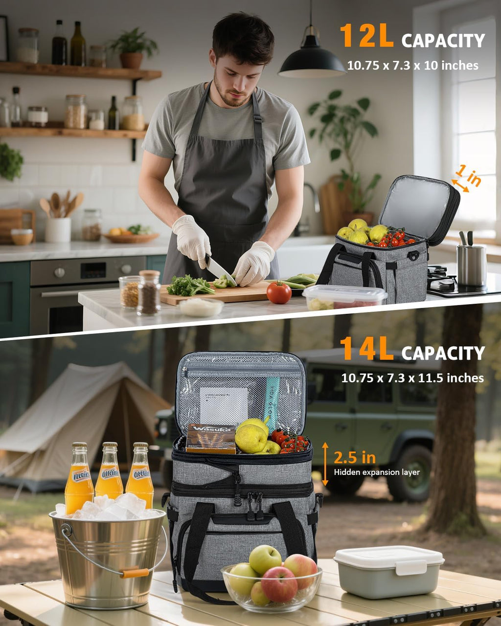 Skiennix Large Insulated Lunch Box - Dual-Compartment Cooler Bag for Work & Picnic | Grey 24-Can (14L)