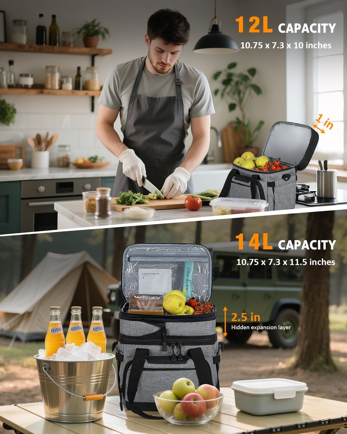 Skiennix Large Insulated Lunch Box - Dual-Compartment Cooler Bag for Work & Picnic | Grey 24-Can (14L)