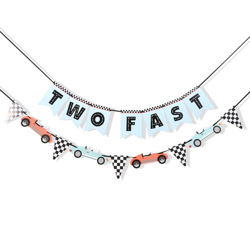Two Fast Banner - Two Fast Birthday Decorations,Racing Second Birthday Decorations,Race Car Party Flag Banner