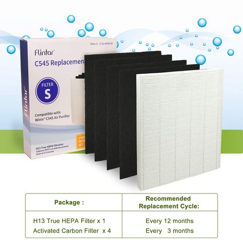 Flintar C545 Replacement Filter S, Made in TAIWAN, Compatible with Winix C545 Air Purifier, Compares to Winix S Filter 1712-0096-00, H13 Grade Air Filter + (4) Activated Carbon Filters