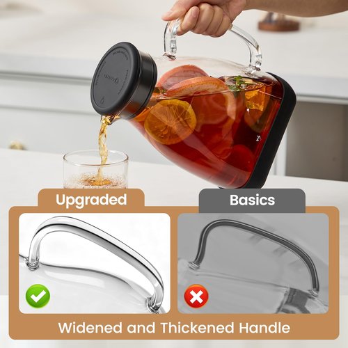Spreccio Glass Pitcher with Lid, 68 oz(1/2 Gallon), Hot/Cold Glass Water Jug with Silicone Lid, Borosilicate Glass Carafe Wide Mouth Juice and Iced Tea Beverage Serveware (Flat)