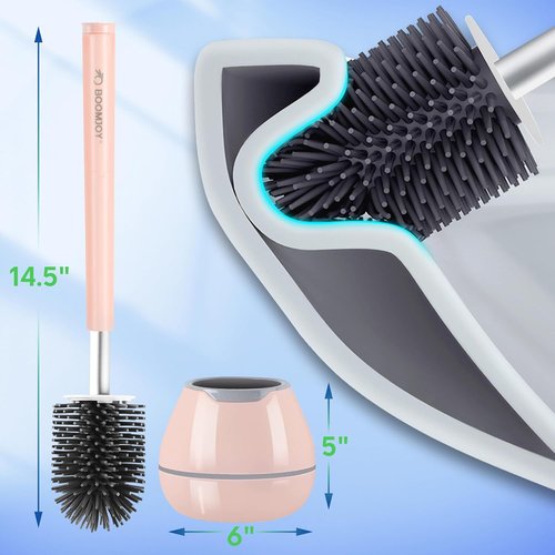 BOOMJOY Toilet Brush Set - Silicone Toilet Bowl Cleaner with Tweezers for Easy Bathroom Cleaning | Pink