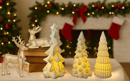 Dlfghos Lighted Ceramic Christmas Tree Decor 3Pcs Small White Christmas Trees with Lights Xmas Tree Figurines for Tabletop Mantel Shelf Fireplace Holiday Decorations for Home and Gift