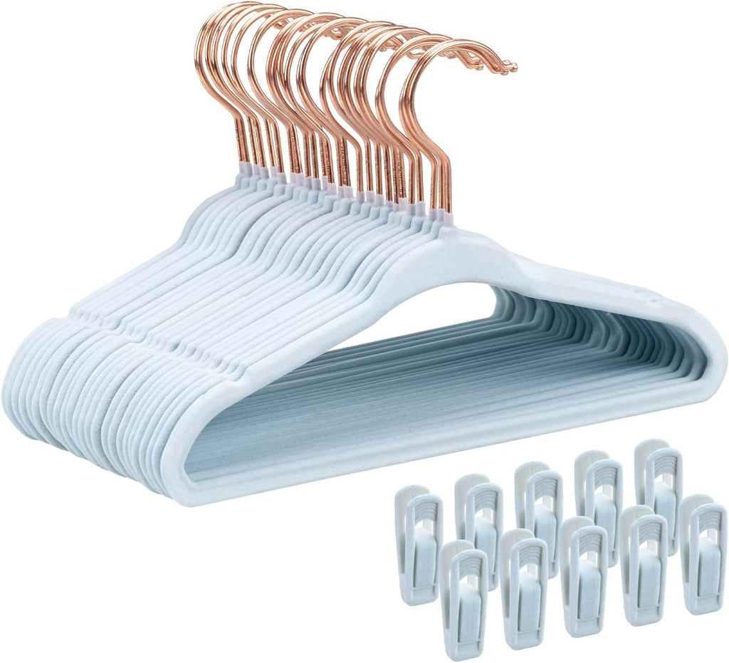 Tonswachic 11-Inch Baby Closet Hangers - Soft Velvet Non-Slip Design with 10 Clips | Blue 30-Pack