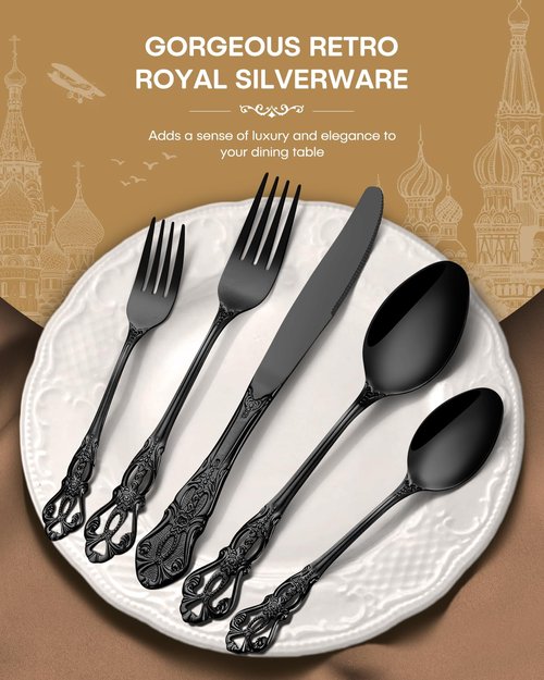 Stapava 20 Pcs Black Silverware Set, Gorgeous Retro Royal Silverware Set for 4, Stainless Steel Mirror Flatware Cutlery Set, Include Forks Spoons and Knives Set, Dishwasher Safe Utensils