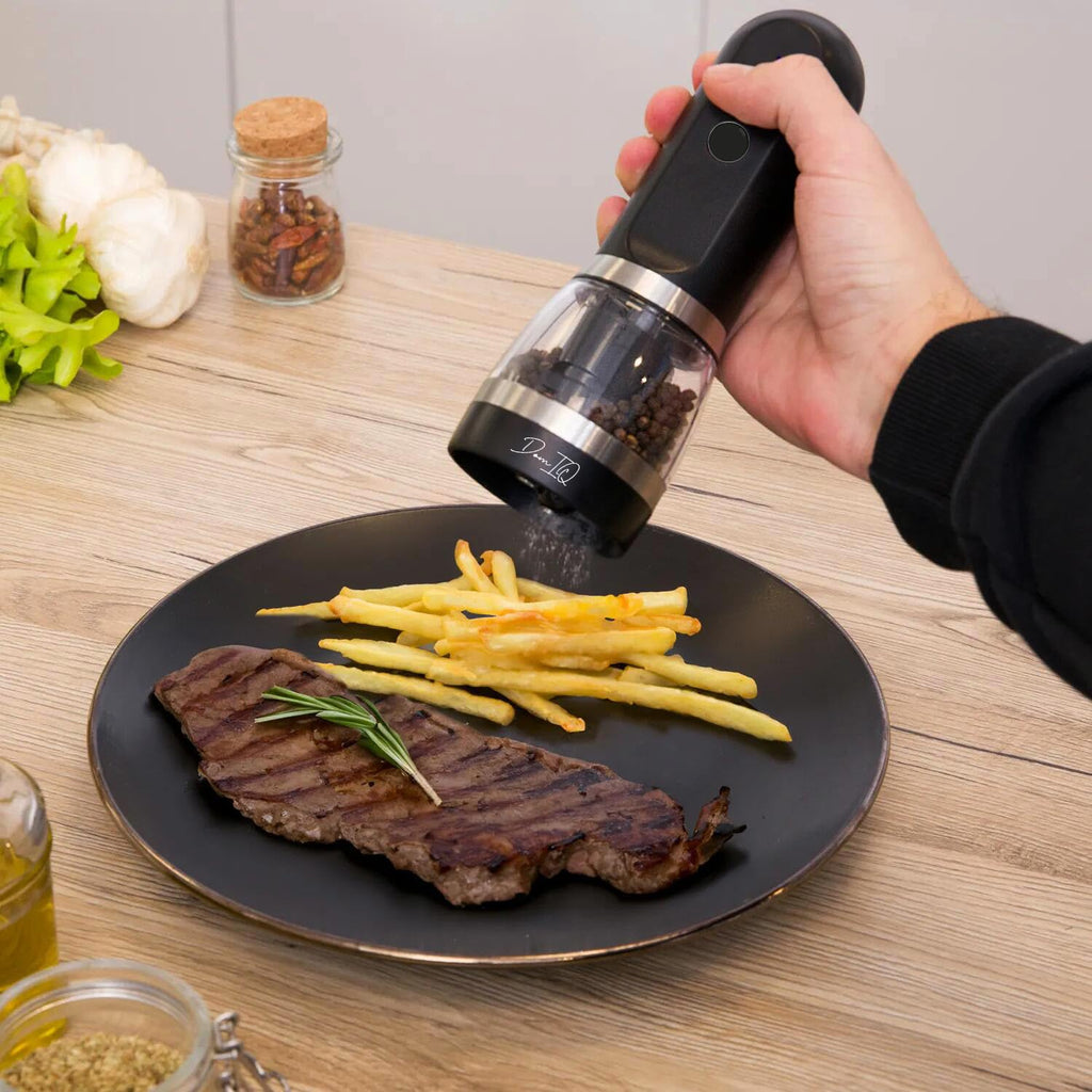 Electric Salt and Pepper Grinder 2-in-1, USB Rechargeable, Adjustable Ceramic Coarseness, LED Light, One-Handed Operation, Refillable, Black