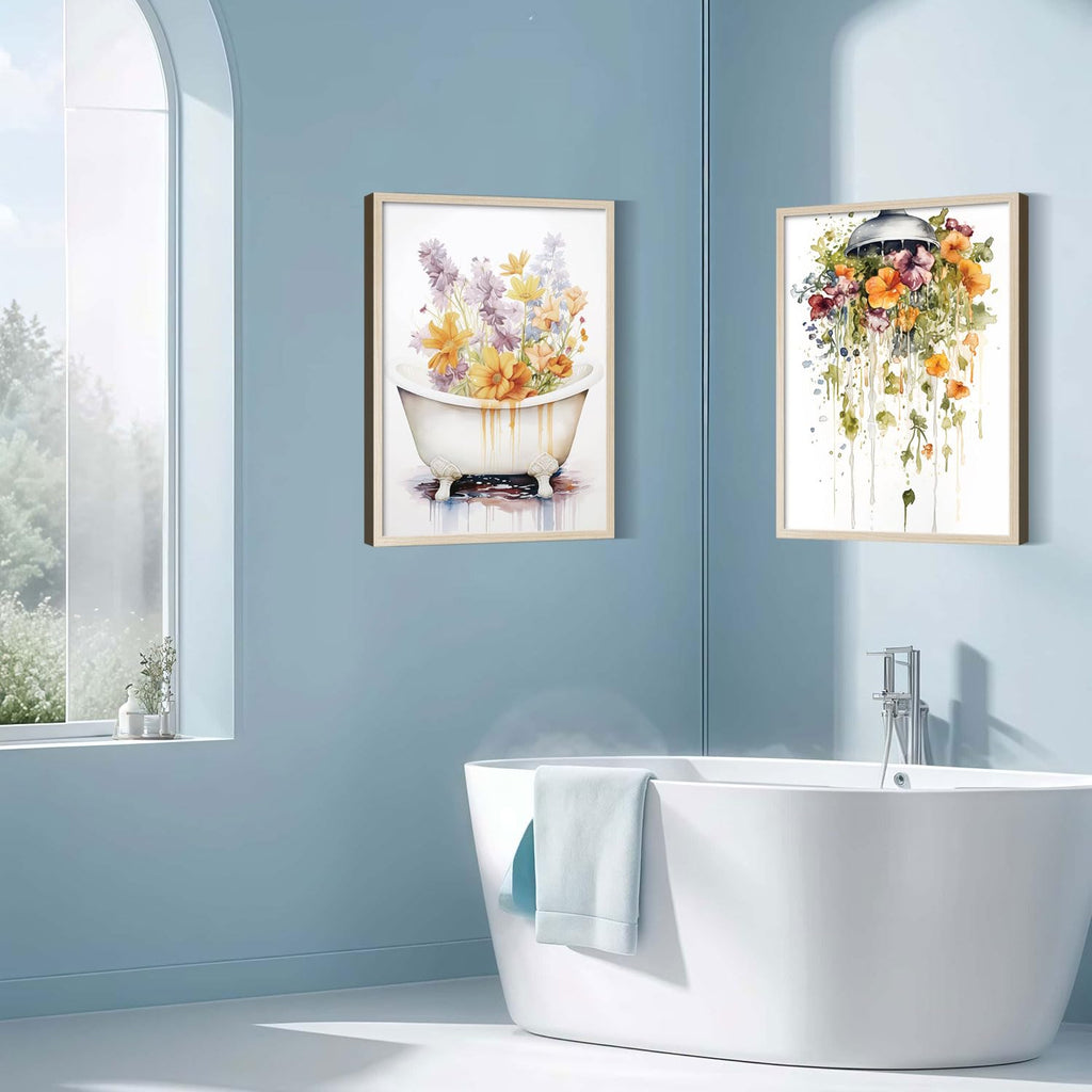 2Pcs Framed Bathtub and Shower Flower Canvas Wall Art Modern Gallery Prints Bathroom Wall Decor Pictures Floral Poster Artwork Living Room Bathroom Apartment 16X24 Inch Ready to Hang