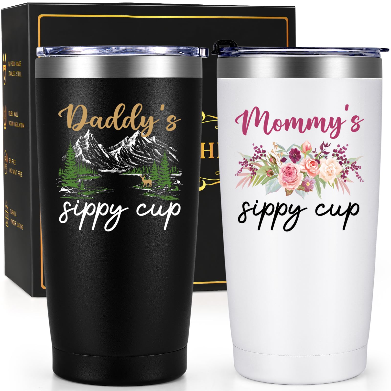 Qtencas New Parents Gifts for Couples, Daddy's Sippy Cup and Mommy's Sippy Cup Tumbler Set, Mom and Dad Gift, Father's Day Thanksgiving Christmas Baby Shower Gifts for First-Time mom and Dad, 20oz