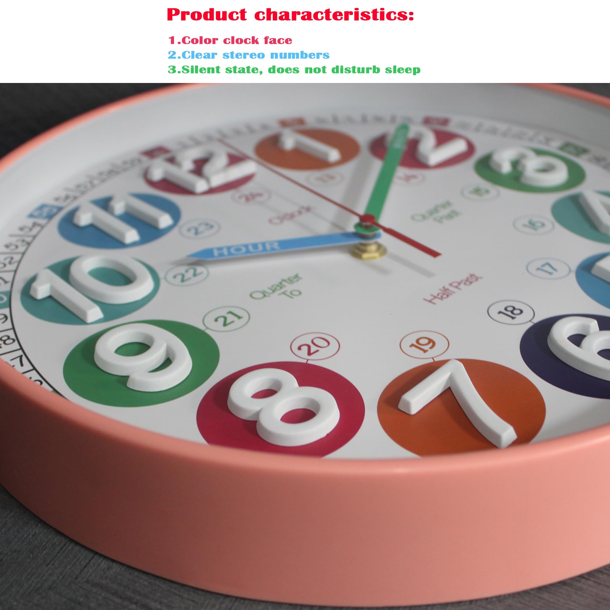 SYOYUEX Learning Time Clock for Kids, 12 Inch 3D Peach Pink Classic Silent Wall Clock, Bedroom, Kitchen, Classroom, Decor at School, Clear Digital Clock for Kids Room