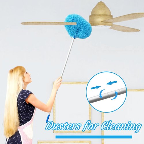 Ceiling Fan Cleaner Duster,Reusable Microfiber Ceiling Fan Blade Cleaner Duster with Extendable Long Handle Removable 13 to 48 in for Cleaning Bookshelves,Door,Window Top (Blue)