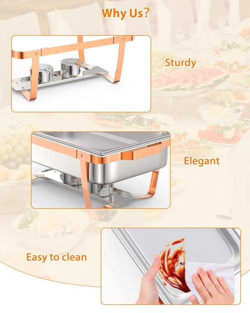 GarveeHome Chafing Dish Buffet Set, 8QT 2 Pack, Rectangle Chafing Dishes for Buffet w/Lid Holder, Stainless Steel Chafer Food Warmers Servers for Kitchen Party Banquet Dining, Rose Gold