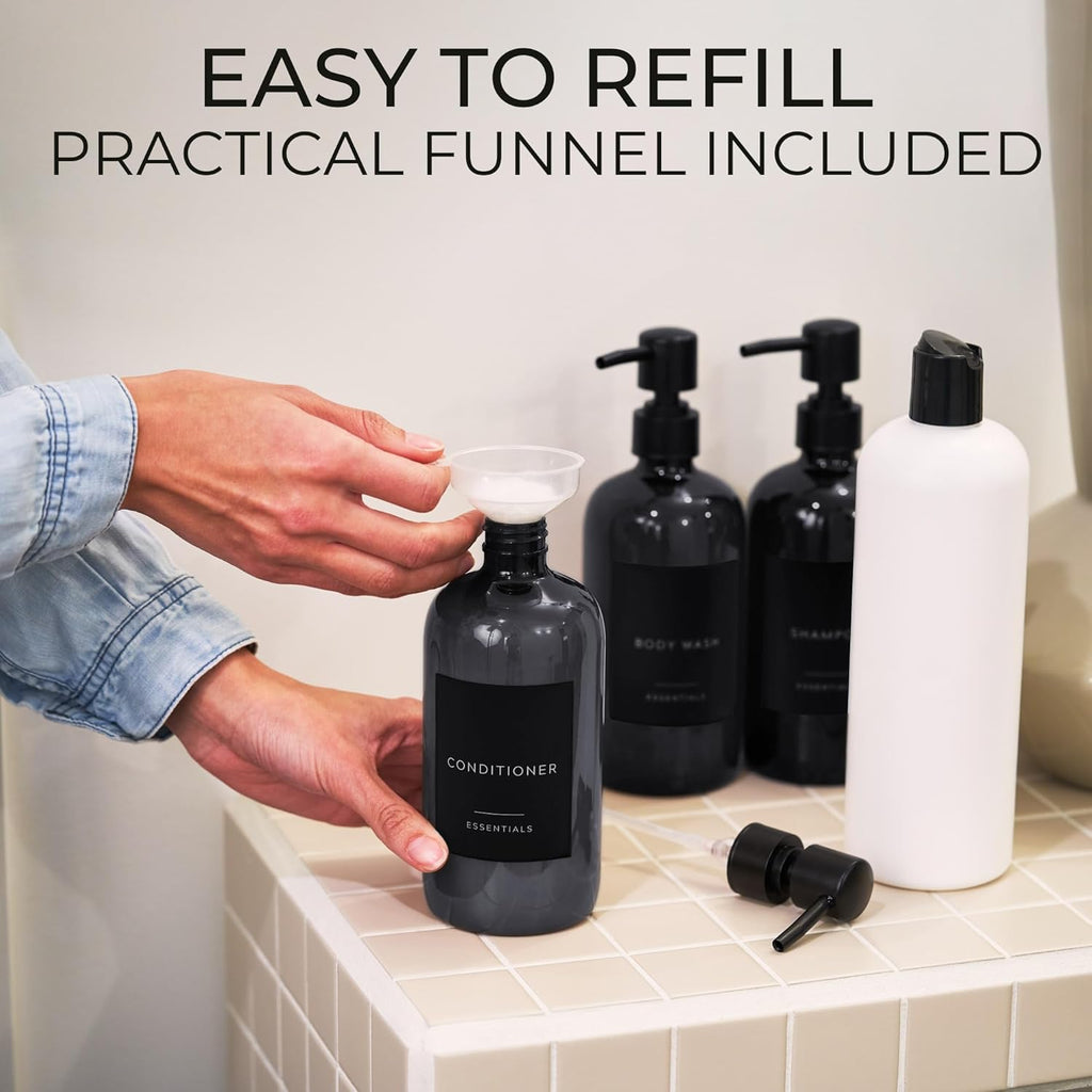 Stylish Shampoo & Conditioner Dispenser Set - Modern 21oz Pump Bottles with Labels | Easy Refill for Bathroom Decor - Black