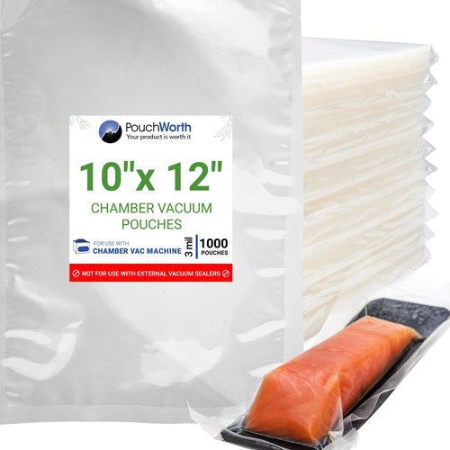 PouchWorth 1,000 Pack Clear 10" x 12", 3 mil Chamber Machine Pouches, Pre-Cut Chamber Vacuum Sealer Bags, Heavy Duty Seal Pouch, BPA-Free Chamber Sealer Bags with Tear Notch