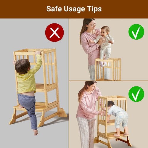 COSYLAND Toddler Step Stool Height Adjustable – Portable Kids Kitchen Stool Helper with Stabilizing Base Block – Toddler Standing Tower for Bathroom Kitchen Living Room Dining Room (Natural)