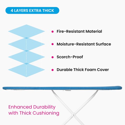 M Maxima | Ironing Board | Size 35x12'' | Retractable Wire Iron Rest | 4 Leg Iron Board | Thick Heavy Padded 4 Layers, Scorch Resistant Foam Cover