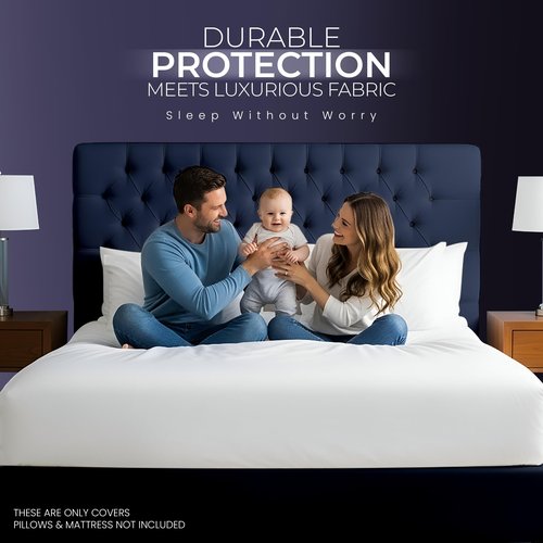 Waterproof Mattress Protector and Pillow Cases, Queen Size, Includes +2 Zippered Pillow Protectors and 1 Mattress Cover Set, Fitted Sheet Style Deep Pockets with All Around Elastic
