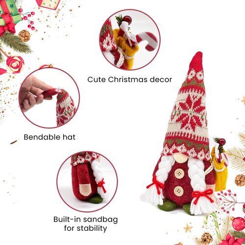 Paersion 2PCS 9.5 Inch Christmas Gnome Plush Decorations, Handmade Scandinavian Tomte Elf Figurines with Gift, Nordic Xmas Gnome Ornaments for Holiday Home Table Office Decor