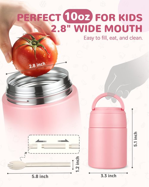WXXM 10oz Soup Thermo for Hot Food Kids Insulated Food Jar with Spoon Wide Mouth Stainless Steel Lunch Container Leak Proof Vacuum Food Box for School Travel Picnic Pink