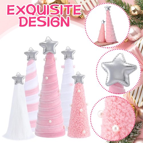 Realspring 5 Pcs Pink White Velvet Christmas Cone Tree Table Decoration Modern Xmas Tree Tabletop Centerpiece Ornaments for Mantel Fireplace Home Farmhouse Kitchen Party Crafts, 3 Sizes