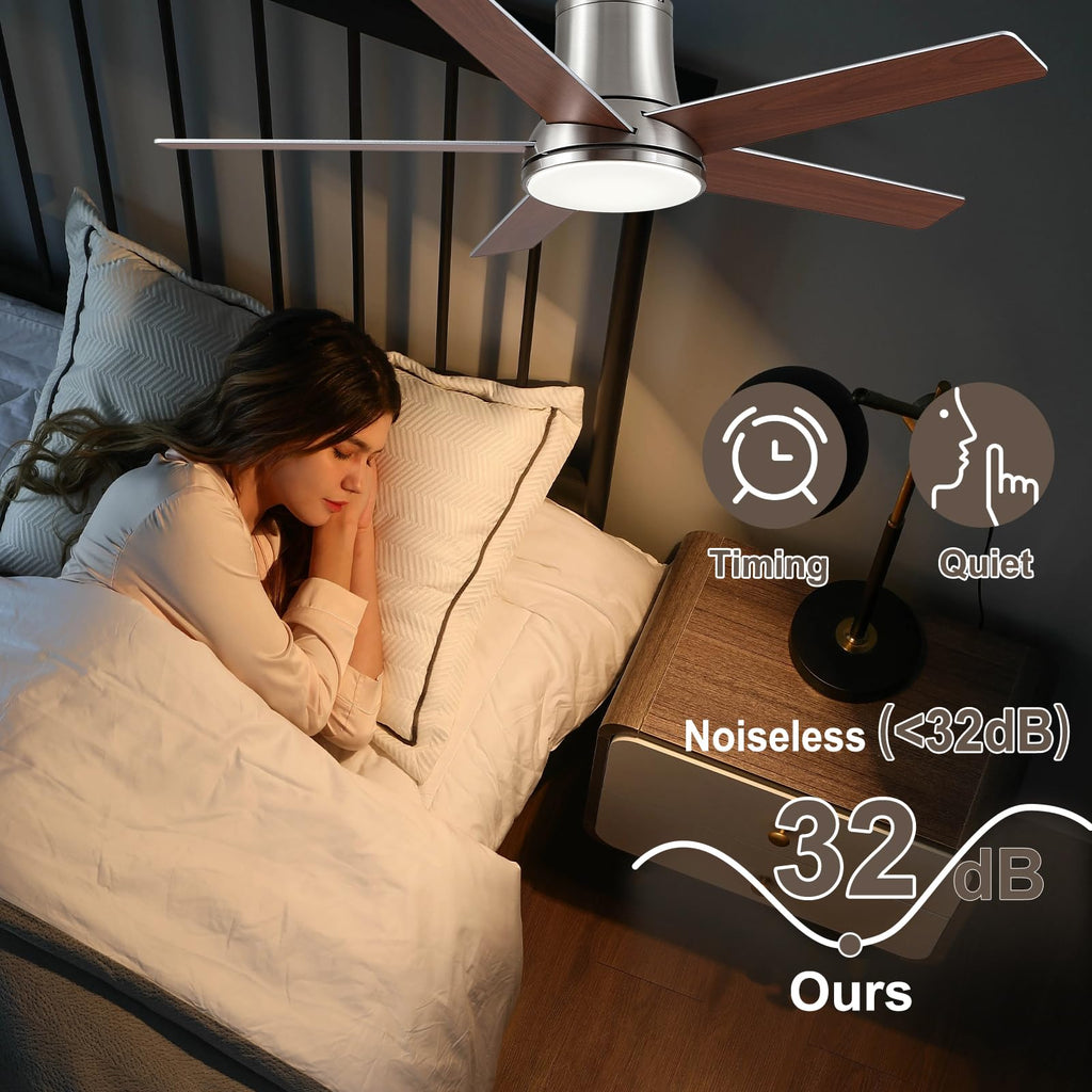 Realmate 52 Inch Ceiling Fans with Lights and Remote,Nickel Flush Mount Ceiling Fan,Quiet 6 Speed Reversible DC Motor,3CCT Dimmable LED,3 Timers-Low Profile Design for Bedroom Kids Room Living Room
