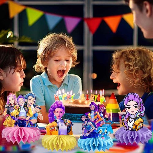 **Demon Movie Hunters | 8-Piece Honeycomb Table Centerpiece Set for Kids' Birthday Party Decorations**
