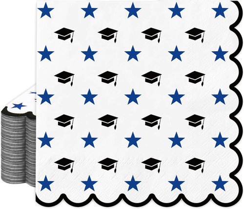 FYSUIMU Graduation Cap Paper Napkins - 100 Pcs Scalloped Disposable Dinner Napkins | Black & Blue Design for Graduation Parties