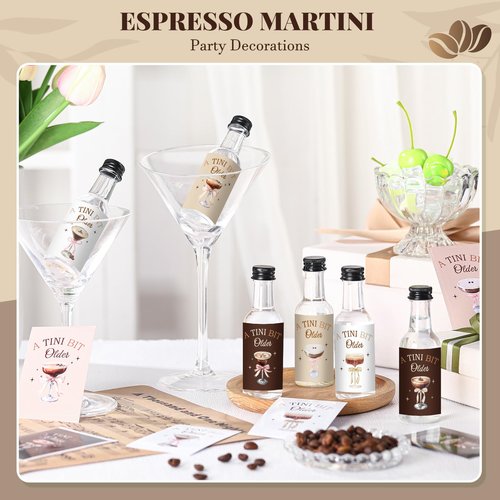 Clabby 48 Pcs a Tini Bit Older Birthday Espresso Martini Label Mini Liquor Bottle Sticker a Tini Bit Older Party Decoration Label Cup Stickers for Birthday Bachelorette Party Decoration(Espresso)