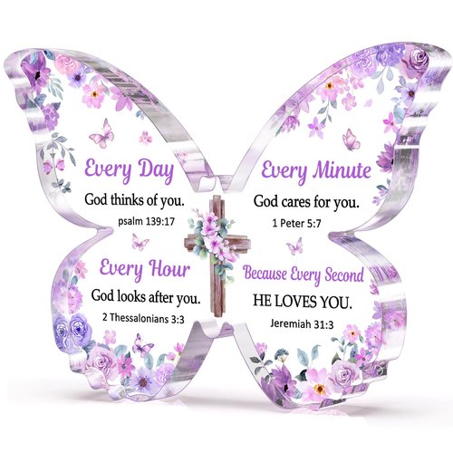 Christian Gifts for Women Faith, Butterfly Acrylic Plaque Sign, Christian Gifts for Women on Mothers Day Birthday, Spiritual Present for Female Friend Family, 5x3.8x0.5 Inch - Purple