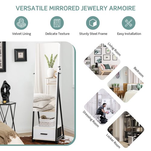 COSTWAY Mirror Jewelry Cabinet with Wheels, Standing Full-length Mirror with Jewelry Storage, Lockable Jewelry Organizer Box with Drawers, Rolling Jewelry Armoire for Women Girls Bedroom (White)