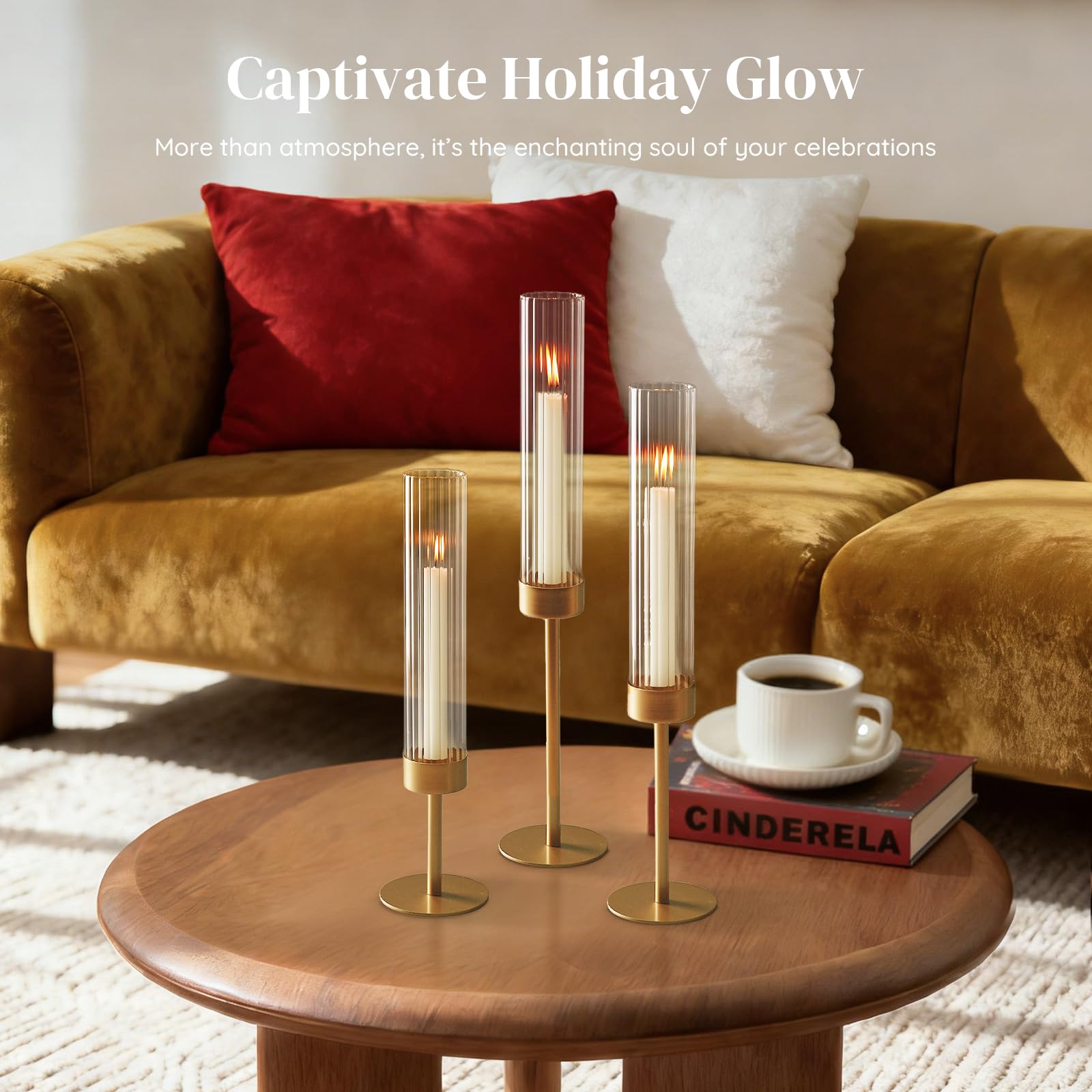 Glasseam Tapered Gold Candlestick Holders: 6 Pcs Tall Brass Taper Candle Holder with Ribbed Glass Cylinder - Hurricane Fluted Candle Holders for Table Centerpiece Wedding Party Christmas Decorations