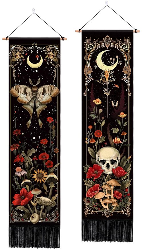 ARTCREATOR Pack of 2 Witchy Gothic Wall Bedroom Decor Moth Moon Tapestry Skull Mushroom Vertical Tapestries Retro Floral Flowers Tapestries for Bedroom Aesthetic Art Room (12.8 x 51.2 inches)