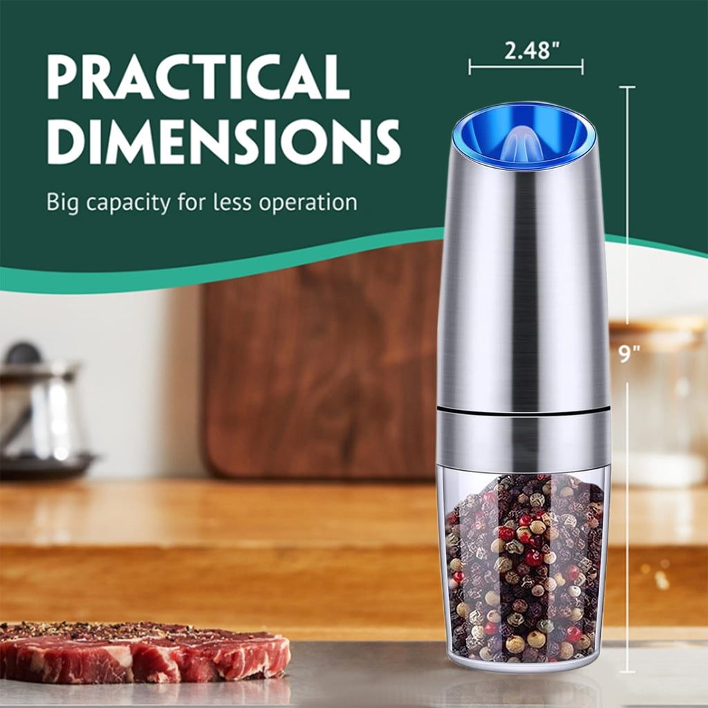 2 Pack Gravity Electric Pepper and Salt Grinder, Larger Capacity Stainless Steel Mill Grinder Battery Powered with LED Light, Adjustable Coarseness, One Hand Automatic Operation for Kitchen BBQ