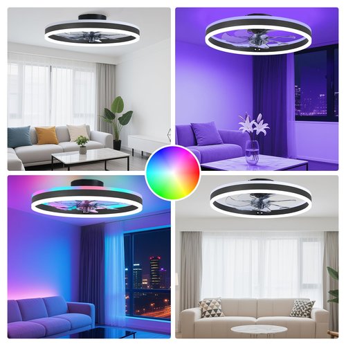SAMPHON RGB Ceiling Fans with Lights, 19.7" Smart Low Profile Ceiling Fan, Modern Flush Mount Fandelier Light with Remote/APP Control, Dimmable Led Ceiling Fan Light for Living Room, Bedroom, Indoor