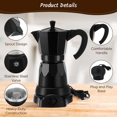 Lemosae Coffee Pot 6 Cup Electric Espresso Coffee Maker Italian Moka Maker 300ml Portable Aluminum Espresso Machine Cafetera Moka Pot with Detachable Base, Gift for Home Travel(Black)