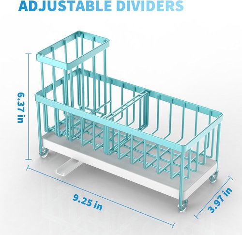 Cisily Kitchen Sink Caddy Organizer - Durable 304 Stainless Steel with High Brush Holder | Teal, 9.25”