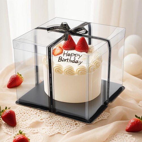 Cididu 6 Pack Large Clear Cake Box with Ribbon, Tall Cake Box Carrier 12x12x10 Inch, Tiered Transparent Cake Packaging Boxes with Lid and Board, PET Clear Gift Containers for Birthday Wedding Party