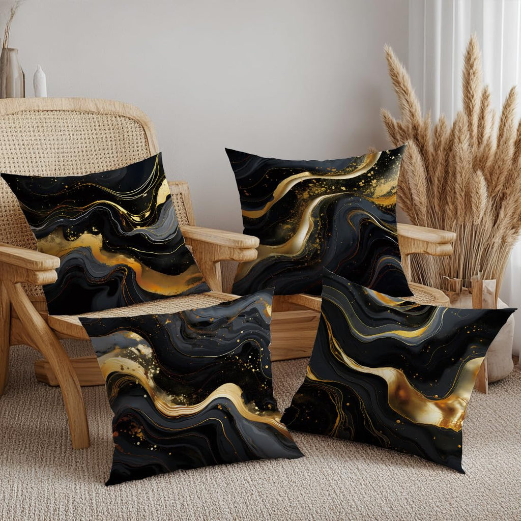ORMAN Throw Pillow Covers 18 x 18 Inch Black Gold Fluid Cushion Case Decoration for Sofa Couch Set of 4,Farmhouse Home Decor for Sofa Living Room Couch Bed