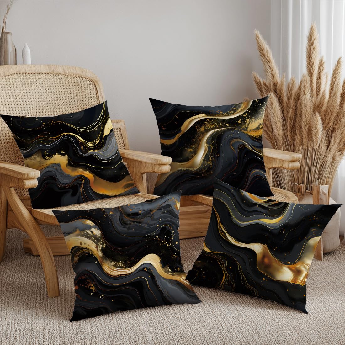 ORMAN Throw Pillow Covers 18 x 18 Inch Black Gold Fluid Cushion Case Decoration for Sofa Couch Set of 4,Farmhouse Home Decor for Sofa Living Room Couch Bed