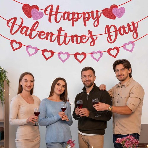 GULWAT Glitter Happy Valentines Day Banner, Glitter Red Pink Hanging Paper Heart Banner for Valentines Party Decorations Home School Classroom Office Hanging Wedding Anniversary Party Decor